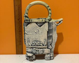 A153 - $125. Jim Stewart Teapot: Raku Gallery. Measures 7" x 2.5" x  10.5" tall. 
