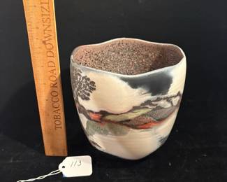 A113 - $125. Patrick Dragon: Raku Vase With Trees. Measures 6.25" x 6.75" tall. 