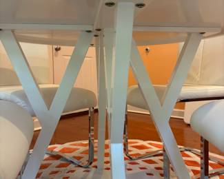 F12 - $195. Crate & Barrel Ypsilon Dining Table. 42" round table x 29.5" tall. Chairs are very worn. Table has been used but is sturdy!