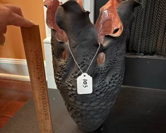 A103 - $80. Debra Swauger : Art Pottery Vase : Black w/ Red Interiors. Measures 9.25" x 14.25" tall. 