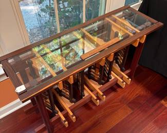 A17 - $2,250. Barry Middleton, Woodsongs, Custom Wooden Table (retail was $7000) Measures 44" x 14.5" x 25.5" tall. 
