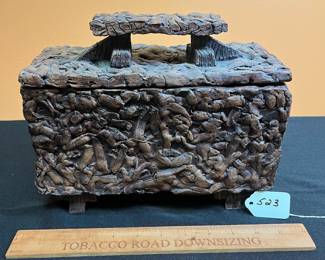 A523 - $100. TK Signed Pottery Box with Lid. Measures 10" x 5" x 9" tall. 
