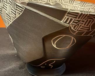 A496 - $175. Black and White Sgraffito Bowl Woman and Fish - Mia Tyson. Measures 10.25" x 5.5" tall. 