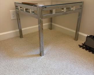 F10 - $125. Milo Baughman sytle Chrome & Glass Side Table. Measures 23.75"square x 20" tall. 
