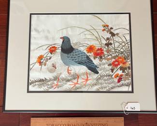 A163 - $40. Bird Hug Mourning Dove. Embroidery on Silk. Measures 20" x 16.5". 