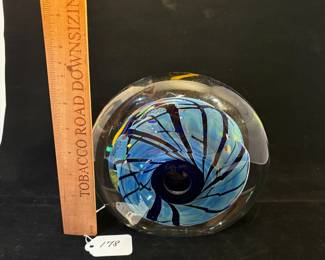 A178 - 140. Rollin Karg : Art Glass Paperweight 1995. Measures 7.5" x 7.5" tall. 
