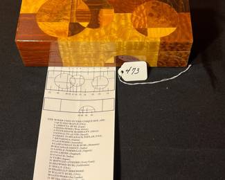 A473 - $65. Wood Box. Measures 11" x 4" x 3" tall. Has some crazing in the finish. 