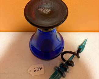 A236 - $75. Glass Perfume Bottle.  Cobalt With Swirl Lid. Measures 4" x 13.5" tall. 