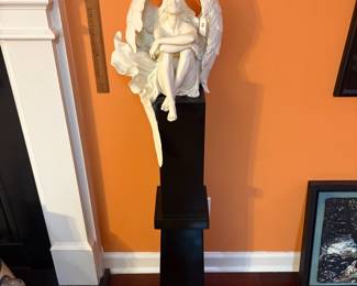 A18 - $4000. White Angel on Pedestal #11/350 "Gaylord". Pedestal measures 7" x 7" x 35" tall. Angel measures 11.5" x 9.5" x 20" tall. 