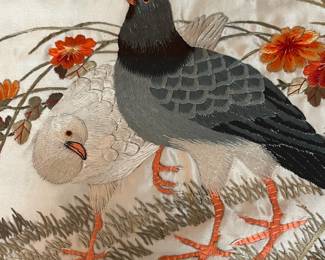 A163 - $40. Bird Hug Mourning Dove. Embroidery on Silk. Measures 20" x 16.5". 