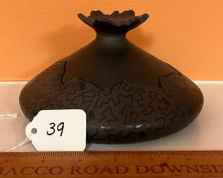 A39 - $60. Kavats Pottery: Black Sgraffito Vase. Measures 7" x 3.75" tall. 