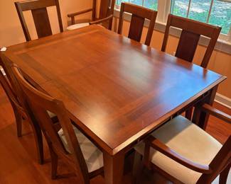 F11 - $350. Dining Room Table with 8 Chairs. Very good condition. Measures 60" x 42" x 31.5". Has 1 - 18" leaf. 