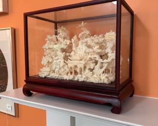 R263 - $850. Resin & Bone Sculpture in Glass Display Box. Measures 14"w x 7.75"d x 12" tall