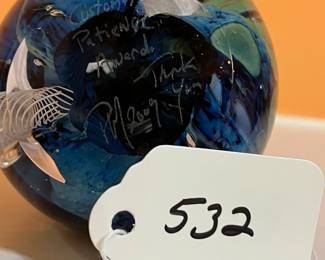 A532 - $75. Glass Paperweight. "Customer Patience Award" Signed PM ? 2009. Measures 4" x 6.5" tall. 