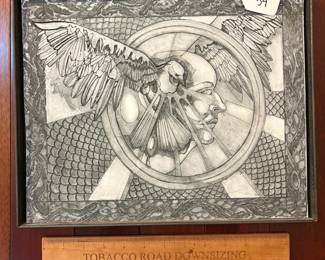 A54 - $225. Erik Bright. Sgraffito Tile "Bird Dream". Measures 14" x 11". 