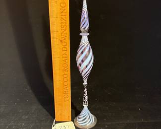 A237 - $75. Small Glass Perfume Bottle w/ Swirl Lid. Measures 2.25" x  10.25" tall. 
