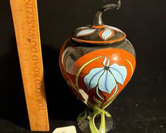 A205 - $75. Marti Mocahbee : Pottery Jar with Lid. Measures 5.5" x 9.5" tall. 
