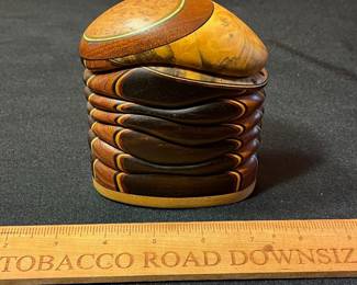 A471 - $125. Terry Evans Wood Art Trinket Box. Measures 4" x 1.75" x 4.5" tall. 