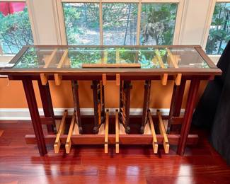 A17 - $2,250. Barry Middleton, Woodsongs, Custom Wooden Table (retail was $7000) Measures 44" x 14.5" x 25.5" tall. 