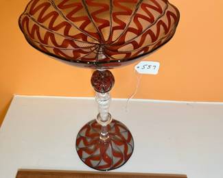  A557 - $95. Jeff Mack tall Venetian Art Glass Dish. Measures 7" x 11.5" tall. 