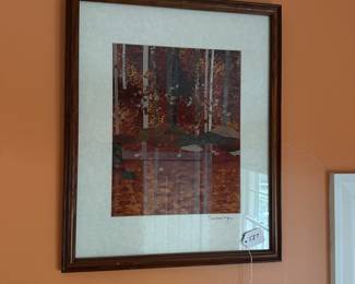 A587 - $125. Fabric Collage. Signed Christina Meyers. Measures 17.5" x 21.5". 