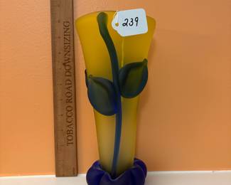 A239 - $140. Tommie Rush: Yellow Glass Vase With Botanical Design. Measures 4.5" x 10" tall. 