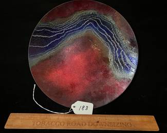 A183 - $40. Peg Miller's Enamels : Enamel on Copper. Blue & Red Plate. Measures 9.75" diameter. 