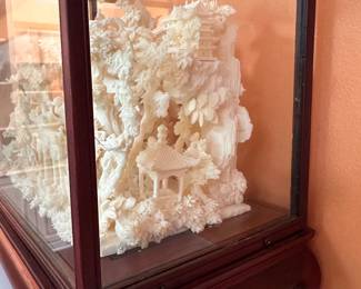 R263 - $850. Resin & Bone Sculpture in Glass Display Box. Measures 14"w x 7.75"d x 12" tall