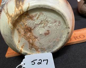 A527 - $55. Lidded Pottery Vessel. Measures 4" x 9" tall.
