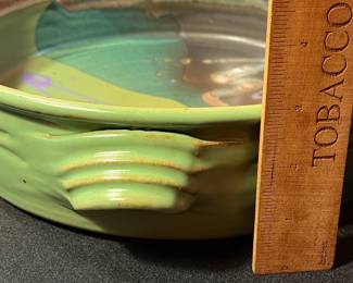 A486 - $30. Kathleen LeSueur. Large Pottery Bowl with Handles - Measures 13.5" x 3" tall. 