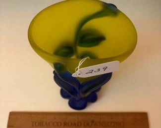 A239 - $140. Tommie Rush: Yellow Glass Vase With Botanical Design. Measures 4.5" x 10" tall. 