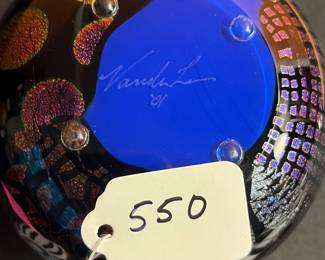 A550 - $175. Peter Vanderlaan signed Art Glass Vase. Measures 5.25" x 5.25" tall.