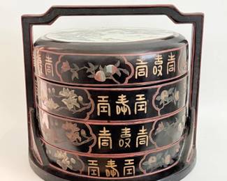 62 AntiqueChineseStackingTiffinLunchCarrierBasketwLiddedBowls