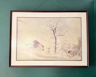 117 LargeFramedWinterLandscapePrintSnowScenewithBarn