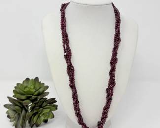 97 VintageSmithsonianMultiStrandTwistedGarnetBeadNecklace