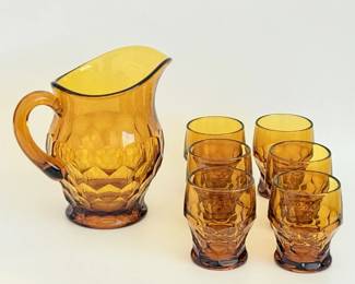 87 VintageIndianaGlassWhitehallAmberGlassPitcher6Tumblers