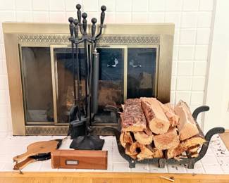 63 FireplaceSetwBlackIronToolsRackBellowWoodenMatchBox