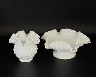 191 VintageFentonHobnailMilkGlassRuffledVaseBowl