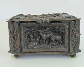 66 AntiqueBlackForestStyleHuntingSceneDecorativeSpelterCasketBox