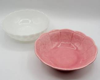 181 PinkScallopedBowlWhiteMilkGlassBubbleBullseyeBowl