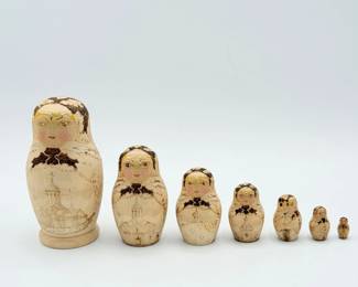 158 SergievPosadRussian7PiecePyrographyMatryoshkaNestingDolls