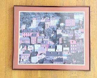 123 SignedNormanHSchumm1987ColorPrintofHillsideVillageLandscape