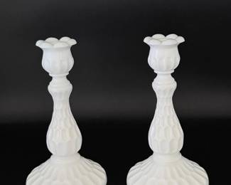 188 VintageFentonThumbprintWhiteMilkGlassCandlestickHolders