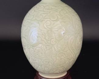 80 HongKongCeladonStyleEmbossedPorcelainVasewithHardwoodStand