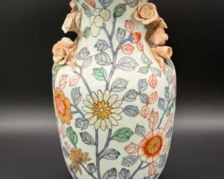 37 VintageChinesePorcelainFloralVasewithAppliedRoses