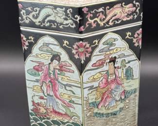 26 VintageChineseStyleHexagonalPorcelainJarw8ImmortalsMotif
