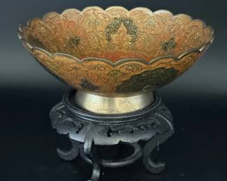 65 VintageEmbossedBrassPeacockBowlwithBrassStandBase