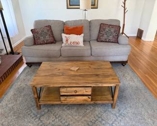 Sofa, chair, coffee table, rub, lamps, wall art