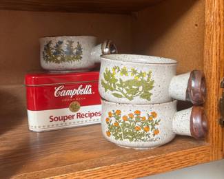 1970's Takahashi speckled stoneware pottery handled soup bowls