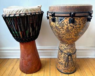2 West African Djembe Drums: Genuine Goatskin & Remo Fiberskin With Drum Key Wrench Lot #: 13